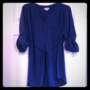 Royal blue roll sleeves, tie string, 3 button top